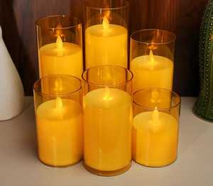 Bougie pilier en verre doré acrylique LED |   Bougie pilier LED sans flamme à effet de flamme vacillante réaliste, bougie dorée - Product Image 2