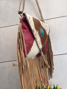 Stylish Cowhide Fur Crossbody Handbag Tooled Leather Fringe Handmade Hair Hide Leather Lightweight <b>Women's</b> Sling Purse 1-1.9L - Product Image 3