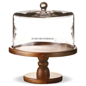 High Standard Quality Acacia Wooden Made <b>Cake</b> <b>Stand</b> With Clear Glass <b>Cake</b> <b>Stand</b> <b>Cover</b> Wedding & Parties Table Centerpiece Supply - Product Image 1