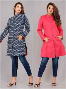 Chaquetas reversibles largas de punto kartha de algodón estampadas a medida, con telas estampadas en bloque, ideales para reventa en color azul océano - Product Image 6