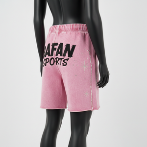 Shorts de sport pour femme en molleton de coton 320 GSM de haute qualité, rose délavé, respirant, avec broderie personnalisée et logo en strass. - Product Image 4