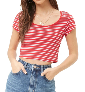 Diseños de forro personalizados Algodón hecho Acanalado Color sólido Ropa informal Algodón hecho Mujeres Crop Top camisetas Streetwear Elegante - Product Image 1