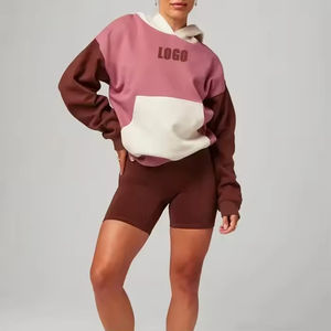 Sweat à capuche oversize pour femme en molleton 100% coton, style streetwear, sport et gym, avec logo personnalisé, patchwork rose et blocs de couleur - Product Image 3