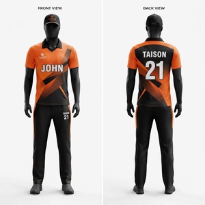 Uniforme de Cricket para Hombre, 140 GSM, Poliéster de Secado Rápido, Conjunto Polo, Paneles Geométricos Naranja y Negro, Logotipo del Equipo Personalizado por Sublimación, Elite - Product Image 1