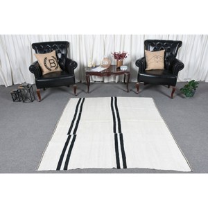 Tapis Moderne Blanc Noir en Laine 5.2X5.5 pieds Classique Style Turc Patchwork Design Rayé pour Adolescent Salon Couloir Latex - Product Image 2