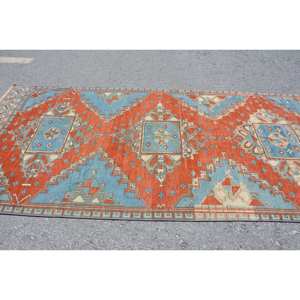 Tapis turc vintage de 4,7 pieds X 10,9 pieds-Style Yoruk classique avec des accents orange et bleu en laine support en latex pour adolescents - Product Image 3