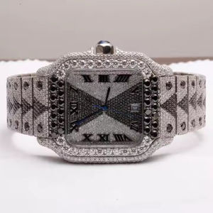 Lujo Totalmente Negro Blanco ICed out Reloj mecánico Movimiento de cuarzo Banda de acero inoxidable Blanco Negro Moissanite Diamond Display - Product Image 1