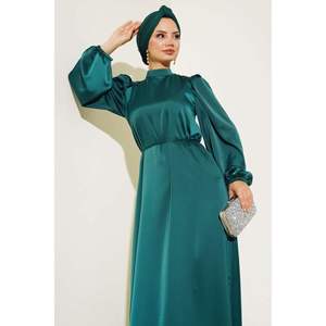 ชุดเดรสผ้าซาตินแขนยืดหยุ่นสีมรกต - Product Image 1