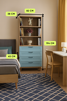 Ensemble commode et bibliothèque Arion Kids en MDF moderne, bleu, tiroirs avec pieds en bois, solution de rangement compatible pour la chambre à coucher