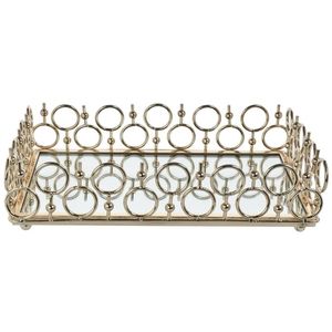 Bandeja de tocador de lujo con espejo de metal dorado, bandejas decorativas de vidrio para servir, organizador rectangular ornamental para cosméticos y joyas, decoración del hogar - Product Image 1