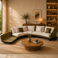 Canapé modulaire en forme de L, moderne et écologique, vert olive et blanc, avec chaise longue et plateforme d'extension, pour usage hôtelier