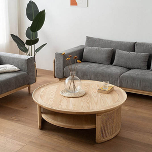 Gran oferta, mesa de centro redonda de madera de teca, estante de almacenamiento con panel de ratán, diseño japonés, hotel, villa, top - Product Image 5