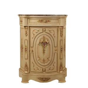 Meuble à chaussures de luxe de style français en crème avec dessus en marbre orné, art floral peint à la main et accents dorés pour entrée de palais - Product Image 1