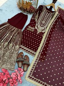 Ensemble moderne de créateur pour soirée, haut en faux georgette lourd, palazzo et dupatta avec broderie et sequins, séchage rapide - Product Image 6