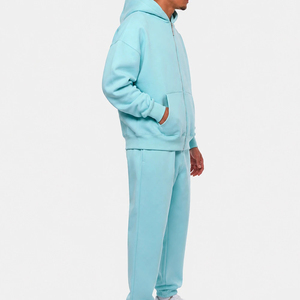Men's Light Blue Hooded Stand Collar Tracksuit Full <b>Zip</b> Sweatshirt Pants Set Casual Solid Color Cotton Jogging Wear Winter - Product Image 2