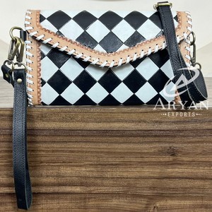 Funda de teléfono de mano de cuero con diseño de cuadros negros de cuero genuino, carteras multiusos para mujer, novedad - Product Image 1