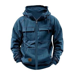 2025 <b>Men's</b> Autumn Winter Retro Solid Color Hoodie Jacket Comfortable Sportswear <b>Top</b> with Loose Fit and Multiple Pocket Design - Product Image 5