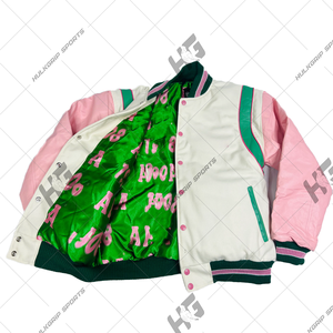 A | K | Chaqueta Letterman de Lana/Nylon Rosa con Mangas y Tirantes Verdes, Cuello Alto, Estilo Urbano, Invierno, Unisex, Bordado - Product Image 2