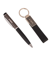 Ensemble de 2 stylos métalliques à points personnalisés avec des pièces en métal chromé, porte-clés en cuir végétalien en acier inoxydable pour cadeaux d'entreprise