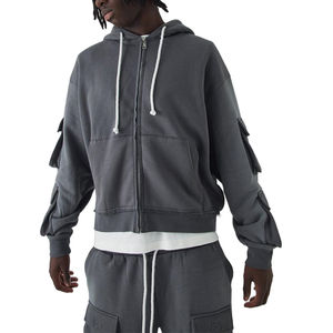 Sweat à capuche zippé homme en coton 100% de haute qualité, coupe ample et carrée, style vintage, tissé, délavé à l'acide, avec poche kangourou et cordon de serrage, multi-poches, pour l'hiver - Product Image 1