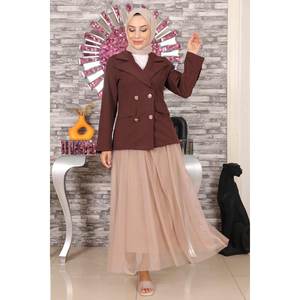 Traje Casual de Falda de Tul Marrón MSW19151-2 de Algodón Tejido con Decoración de Encaje, Opciones de Tops Largos y Cortos, Ajuste Ceñido, Cuello Cuadrado - Product Image 3