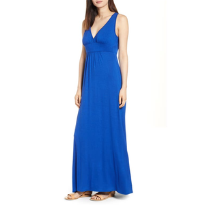 Loveappella Abito lungo in jersey blu Mazarine con scollo a V, vestibilità comoda, stile impero, linea aderente, modello a tubino, taglia XL, in poliestere - Product Image 4