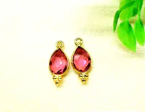 Natural 7x10mm Pink Tourmaline Quartz Faceted Teardrop Connector Hot Selling Single Bali Bezel Silver Gold Plated Jewelry