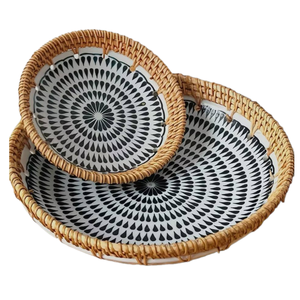 Personnalisable Vietnam Classique Tige Rotin Naturel Tissé À La Main Mini Assiette En Porcelaine Organisateur Panier En Osier Motif De Fleurs Vacances - Product Image 2