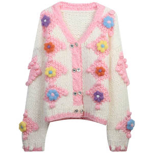 Cárdigan de punto a mano para mujer, cuello en V, ajuste holgado, con contraste de color y flores tejidas, Colección Otoño/Invierno 2024 - Product Image 2