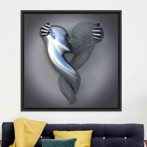 Modern Silver 3D Kissing Couple: Elegant Printed Canvas Artwork,BLACK <b>FRAMED</b> CANVAS - Product Image 1