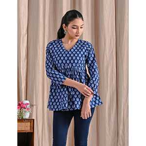 Top Peplum de Algodón Popelín Azul Jaipuri con Estampado de Bloques, Asimétrico, Bordado Floral y Rayas, Largo, Tallas XL XXL, para Otoño, Ropa Formal - Product Image 3