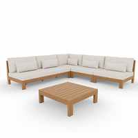 Ensemble de salon d'extérieur moderne et écologique, canapé en forme de L, structure en bois naturel, coussins imperméables, mousse haute densité, table d'appoint