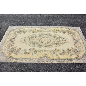 Tapis turc Vintage classique Beige bleu 3.8X7,1 pieds fait à la main en laine Patchwork couloir rectangulaire Design pour salon chambre Latex - Product Image 4