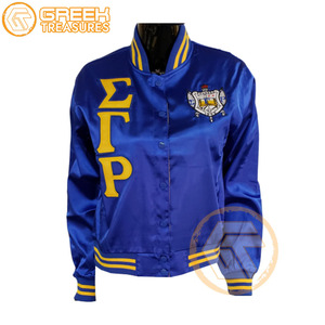 เสื้อแจ็คเก็ตวาร์ซิตี้แบบคอตั้งปักลายผ้าซาติน Sigma Gamma Rho แบบสั่งทำพิเศษ คุณภาพสูง ระบายอากาศได้ดี สำหรับสตรีชาวกรีก - Product Image 3