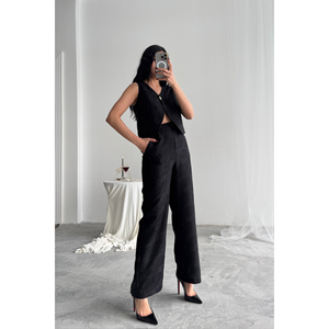 Conjunto de Chaleco y Pantalones de Lino para Mujer, con un Botón, en Color Negro - Product Image 2