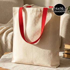 Canvas and PU 14 X 16 (35x40 Cm) <b>Purse</b> with <b>Red</b> Handles Open Closure Embroidery and Letter Decoration for Summer and Autumn - Product Image 2