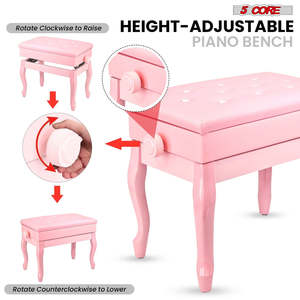 5 Core Piano Bench 3 Padded <b>Cushioned</b> Stool Wooden Heavy Duty Adjustable Musician Chair w <b>Storage</b> - Product Image 5