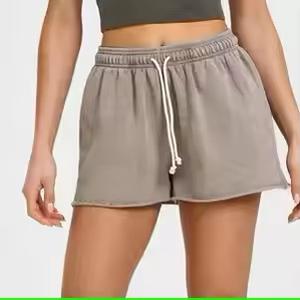 Pantalones cortos informales de lana de algodón de alta calidad para mujer, pantalones cortos transpirables con cintura elástica, ecológicos, sólidos, lavados, cálidos para el verano - Product Image 2