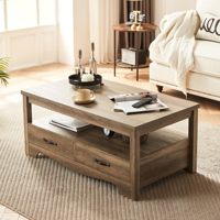 Table basse en bois de style farmhouse chic pour la maison, avec tiroirs de rangement, espace d'exposition ouvert, poignées métalliques, base incurvée, marron