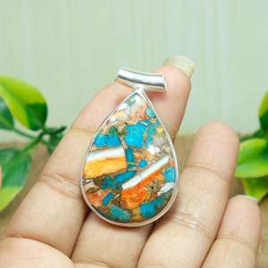 Pendentif en forme de larme en argent sterling 925 avec mosaïque de nacre et de turquoise, bijoux faits à la main - Product Image 2