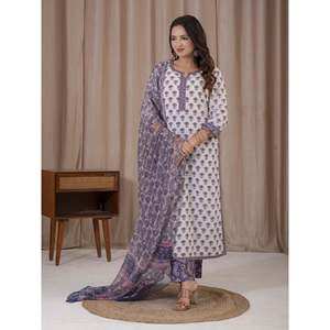 Hand <b>Block</b> <b>Printed</b> White Grey Cotton Kurta Pant Set Ethnic Pakistani-Indian Style Net Fabric for Special Occasions Parties - Product Image 3
