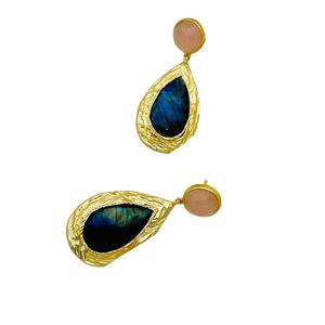 ตุ้มหูชุบทองแบบห้อยลายกุหลาบควอตซ์และหินอัญมณีลาบราดอไรต์ที่ทันสมัย - Product Image 2