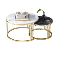 Table centrale gigogne ronde contemporaine en deux pièces, ensembles de tables basses à thé en bois avec côtés en métal doré, disponibles à des prix compétitifs