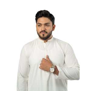 CLK-19 Nadeem Kurta Men's <b>Kameez</b> <b>Shalwar</b> (Embroidered/Formal) Off-<b>White</b> 100% Cotton Breathable Long Simple Straight-Cut Sleeve - Product Image 5