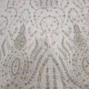 Tissu perlé de luxe de haute qualité avec Zircon fait à la main 100% Polyester meilleur prix exportation du fournisseur indien pour la fabrication de vêtements - Product Image 1