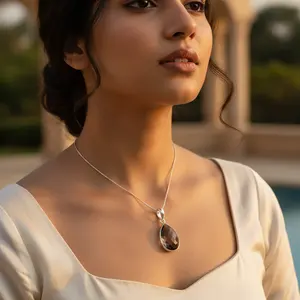 Collar con Colgante de Cuarzo Ahumado en Forma de Lágrima, Plata de Ley 925, Diseño Geométrico Moderno, Regalo Dorado para Entusiastas de Diamantes, Jade y Ágata - Product Image 1