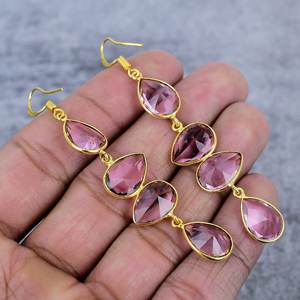 Pendientes de cuatro piedras preciosas de kunzita rosa, pendientes de boda chapados en oro de Plata de Ley 925, Pendientes colgantes de pera hechos a mano para mujer - Product Image 4