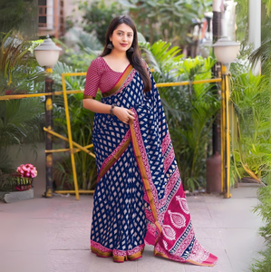 Patrón contemporáneo a granel-Saris de algodón estampados en bloque de diseñador Tela suave moderna para uso diario informal Suministro directo de fiesta - Product Image 1