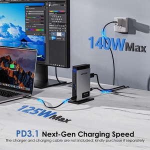 محطة إرساء Wavlink WL-UMD26 مع منفذ RJ45 ومنفذ <span class=keywords><strong>USB</strong></span>-C وفتحة SD/TF ومدخل صوت/ميكروفون وشحن PD3.1 بقوة 140 واط وعرض ثلاثي الشاشات وسرعة USB3.0 تصل إلى 1000 ميجابت في الثانية - Product Image 4