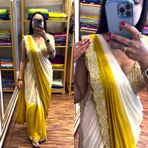 One Minute <b>Yellow</b> Saree Traditional Winter Silk Collection Embroidery <b>Lace</b> Border Fully Stitched Blouse Real Mirror Work Ready - Product Image 1